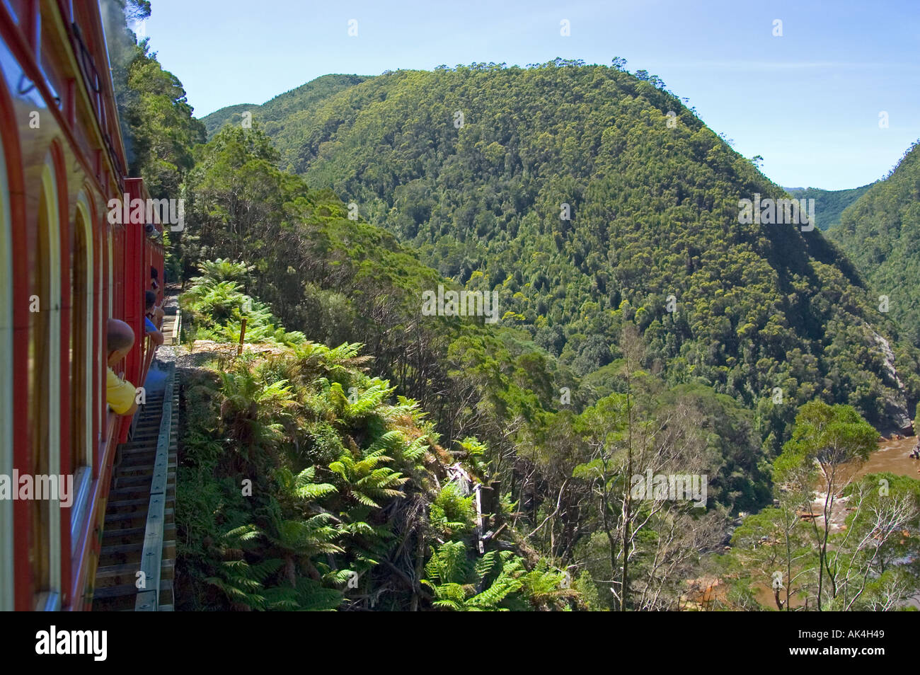 Strahan Train train passing steep passage during ride on Abt railway from Strahan to ...