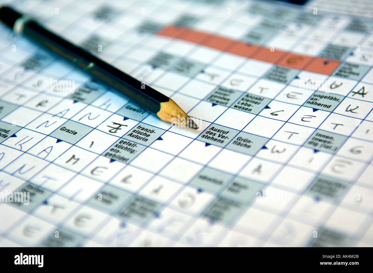 pen lying on a partial filled out crossword puzzle close up view detail