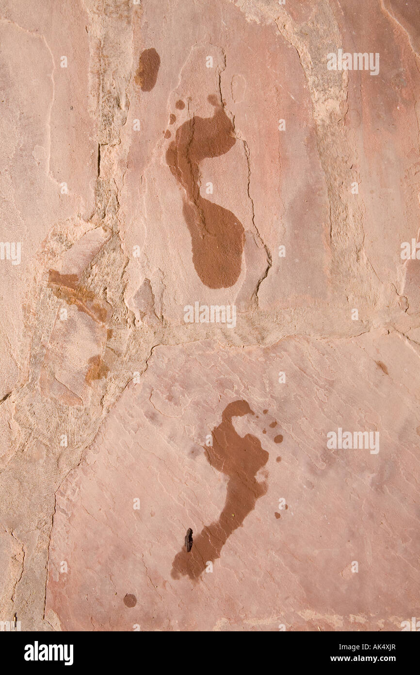 Wet footprints on pink stone, Marrakesh, Morocco. Stock Photo