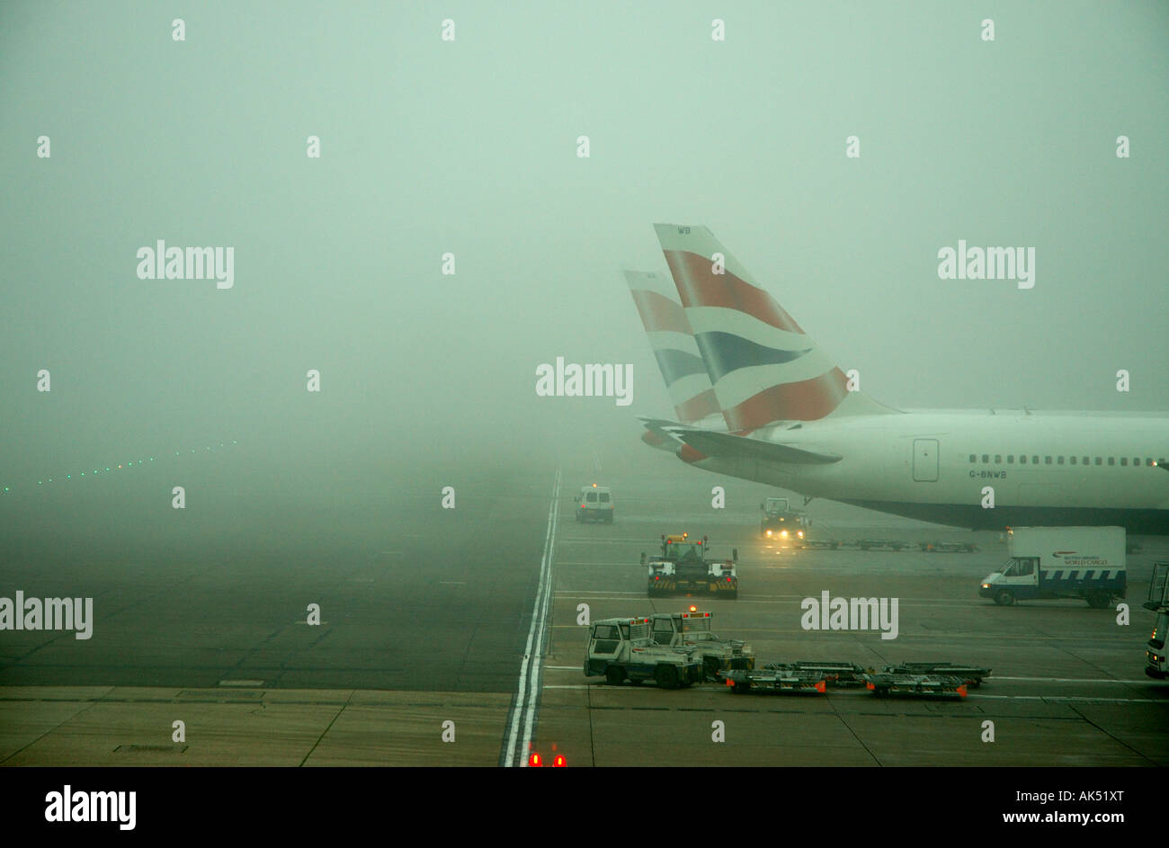 British Airways plane grounded due to heavy fog at heathrow airport Stock Photo
