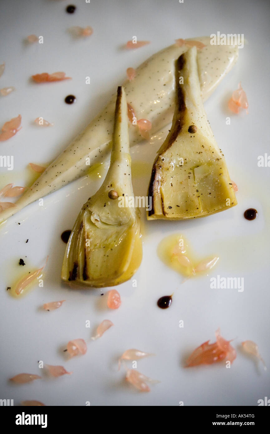 Salmon Poached with Licorice, Artichokes, Vanilla Mayonnaise and "Manni