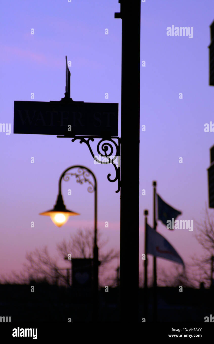 Street signs and light poles in the historic section of a village in Wisconsin Stock Photo