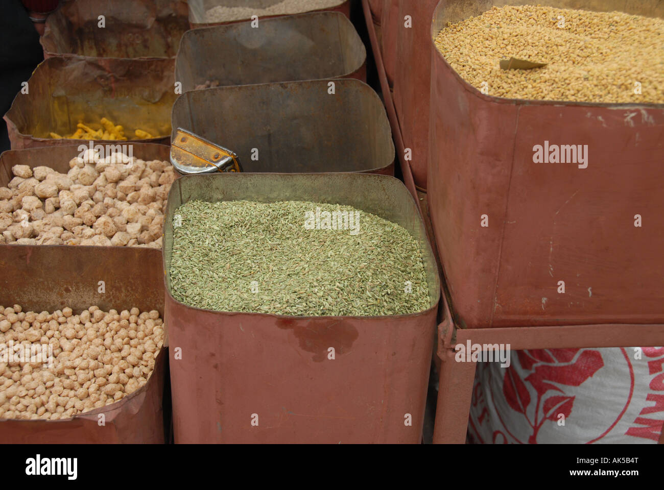 Anise seed and fenugreek among other spices in metal tubs at the Shimla bazaar. Stock Photo