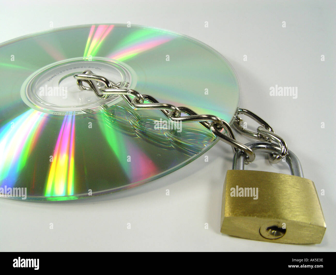 CD Rom with chain and lock as symbol for data security copy protection illegal downloads etc Stock Photo