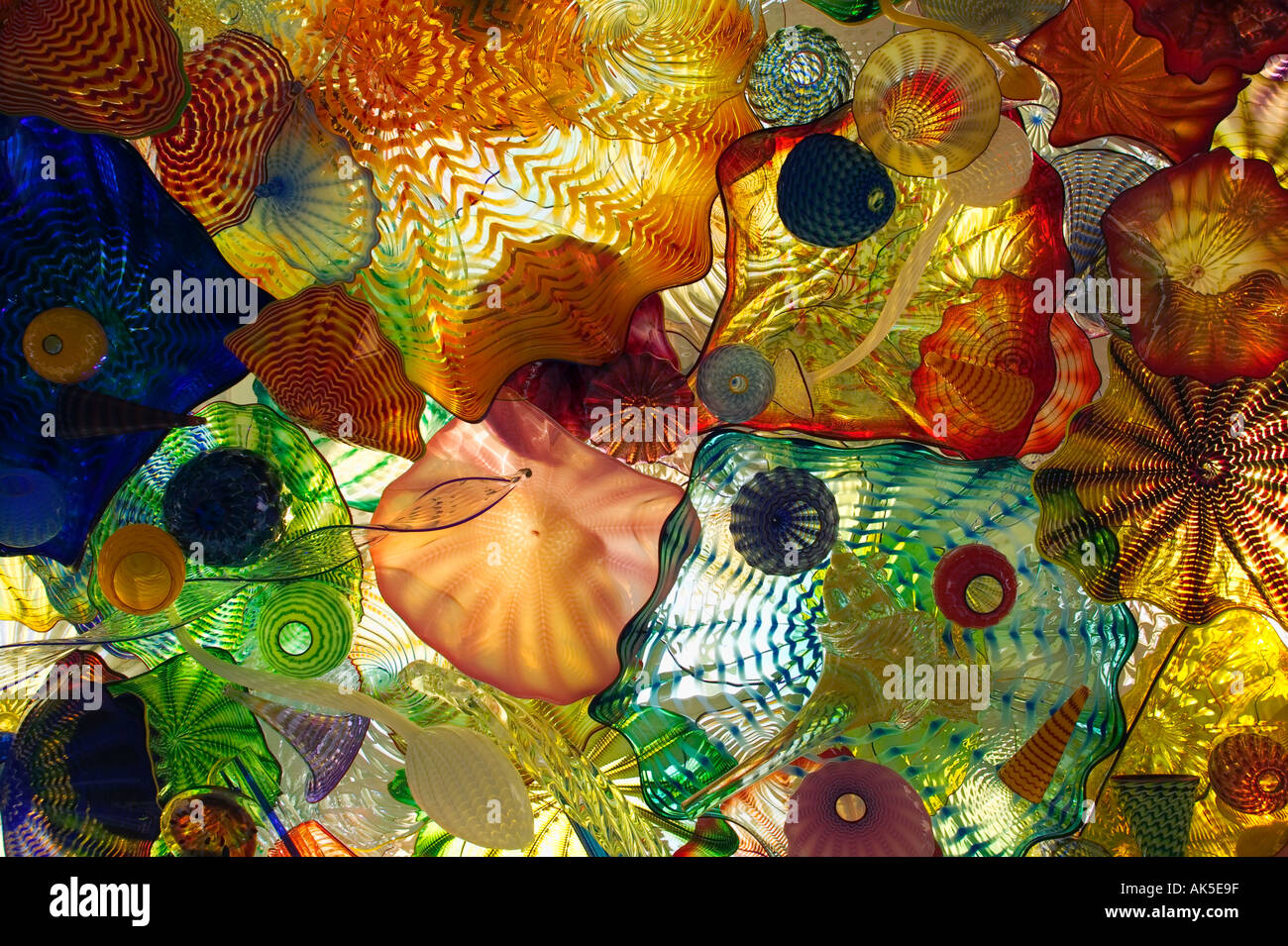 Blown glass sculptures in overhead display above Bridge of Glass at the
