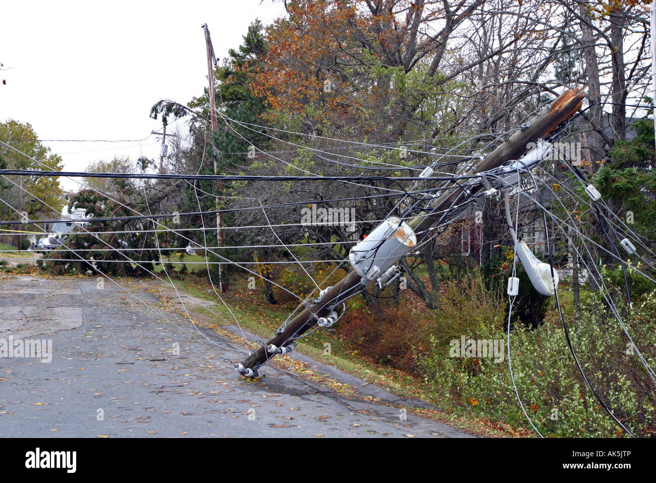 Electrical power pole and transformer knocked down during Tropical Storm Noel Chester Nova Scotia Canada North America Stock Photo