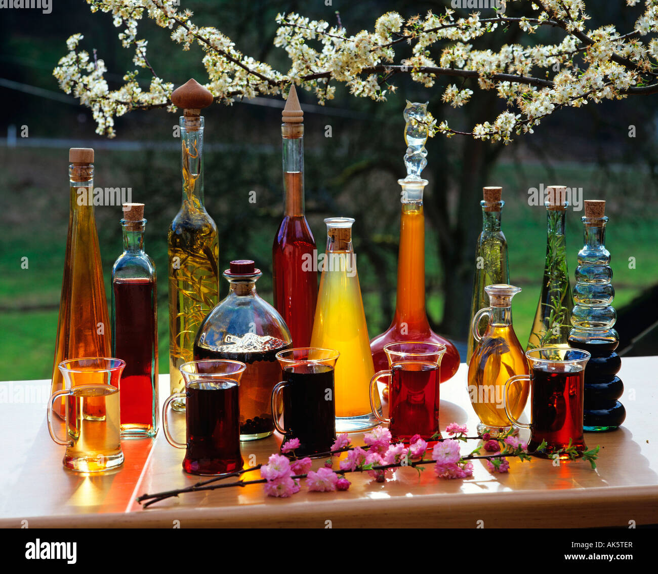 Herb vinegar and fruit vinegar Stock Photo
