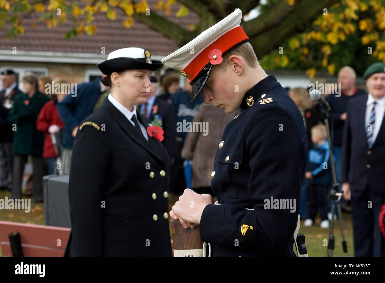 Young cadets shows their respect at Remembrance Sunday Service Stock Photo