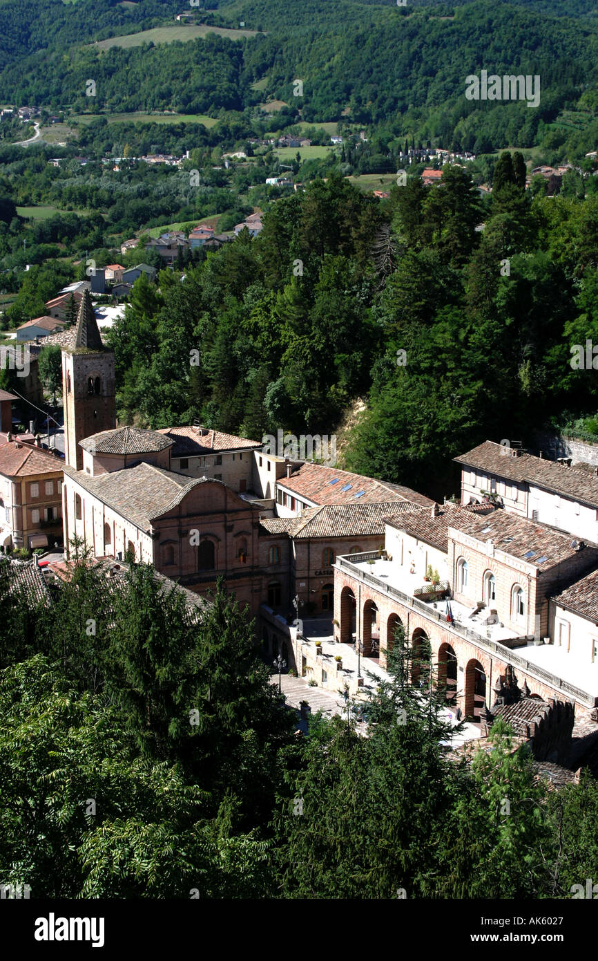 Ariel view of the church in Amandola  and wooded countryside Le Marche Italy Stock Photo