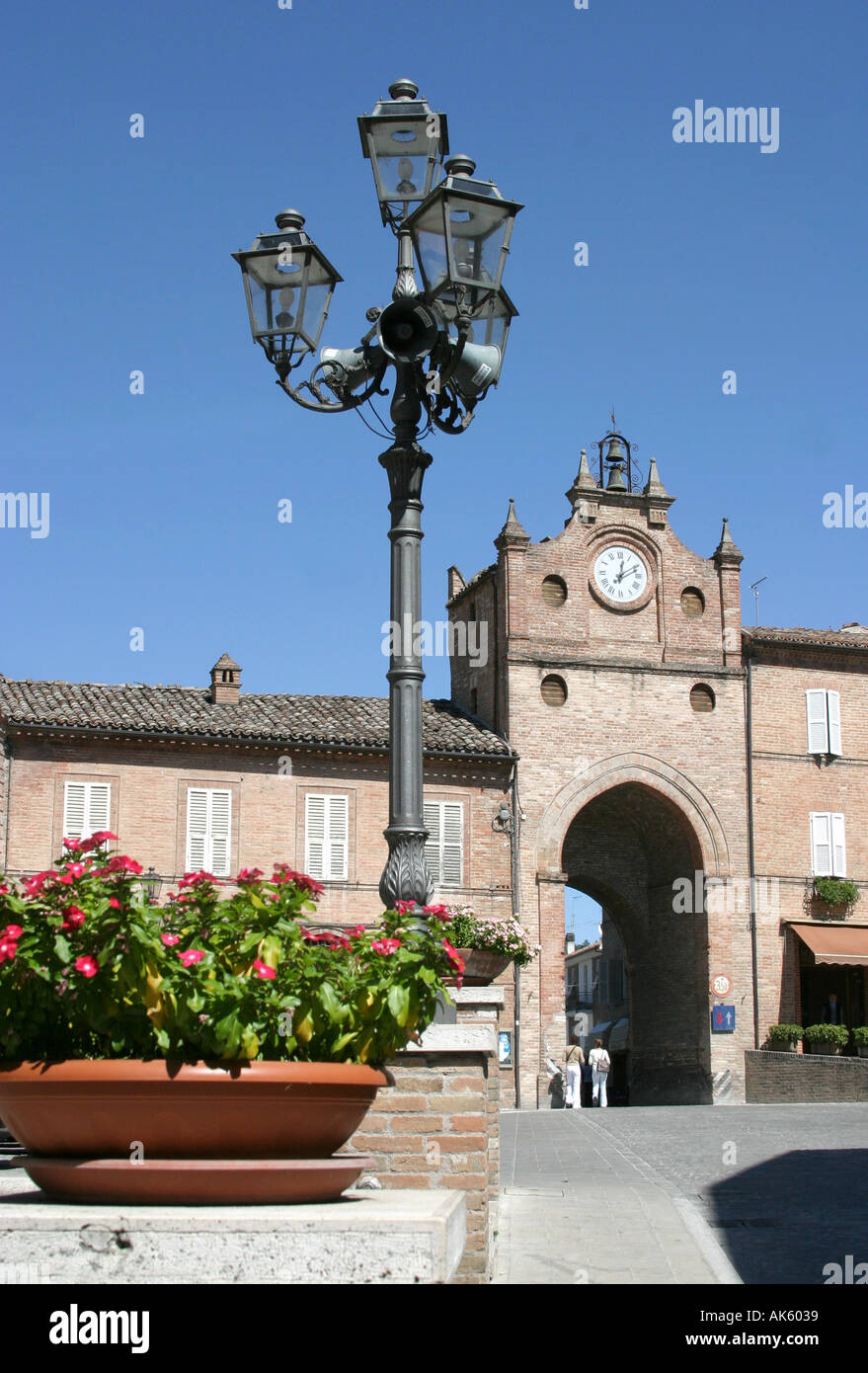 Town square of Amandola LeMarche Italy showing the historical arc into the towns square/piazza,Italy Stock Photo