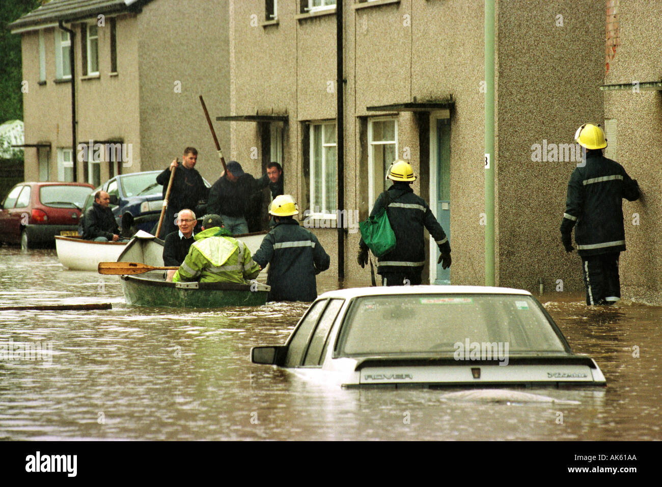 Residents being rescued after the River Taff to burst its banks Aberfan South Wales UK GB EU Stock Photo