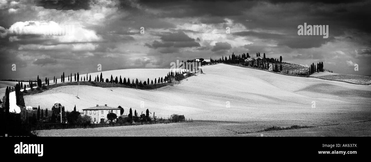 Classic view of the La Crete region of Tuscany near Sienna famous for it's rolling clay hills and isolated farm houses Italy EU Stock Photo