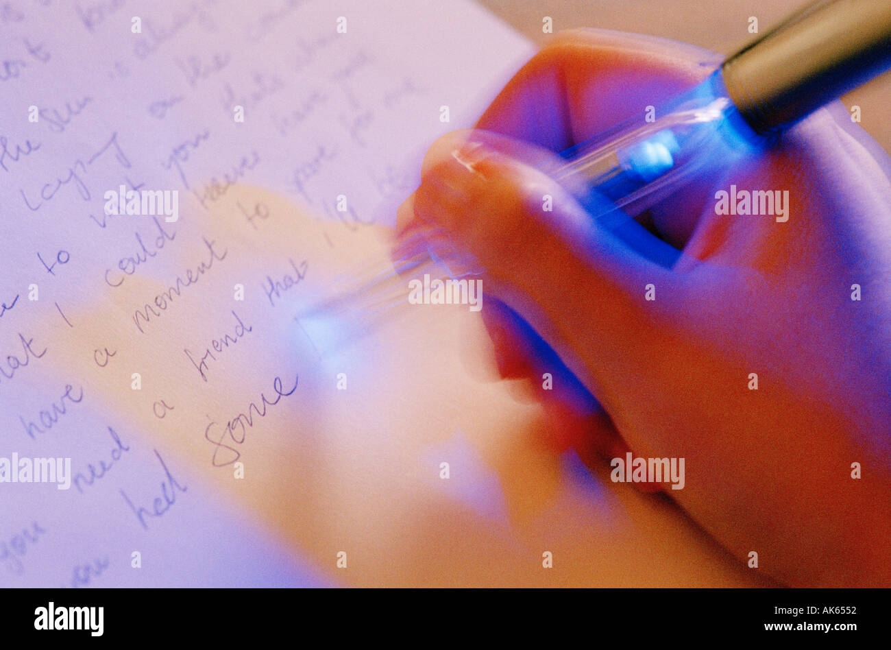Hand writing a letter with ballpen Schreibende Hand mit Kugelschreiber Brief Querformat horizontal Stock Photo
