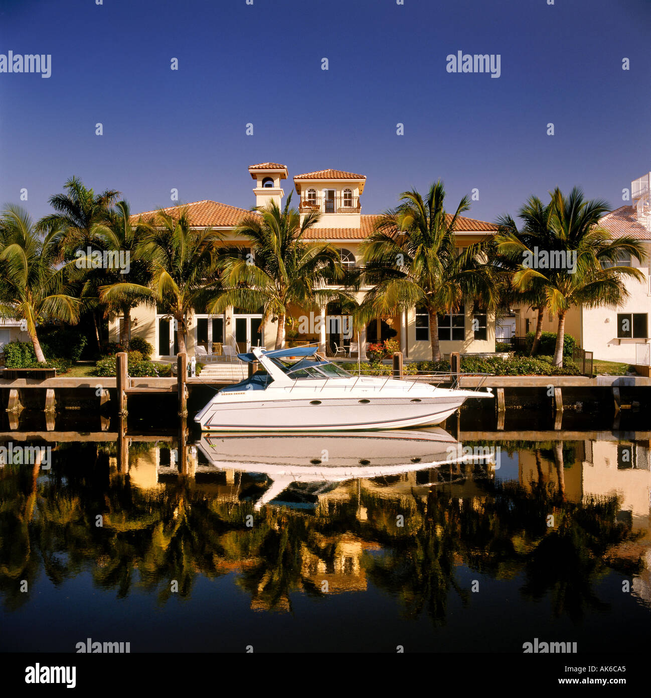 Florida intracoastal home with yacht Stock Photo