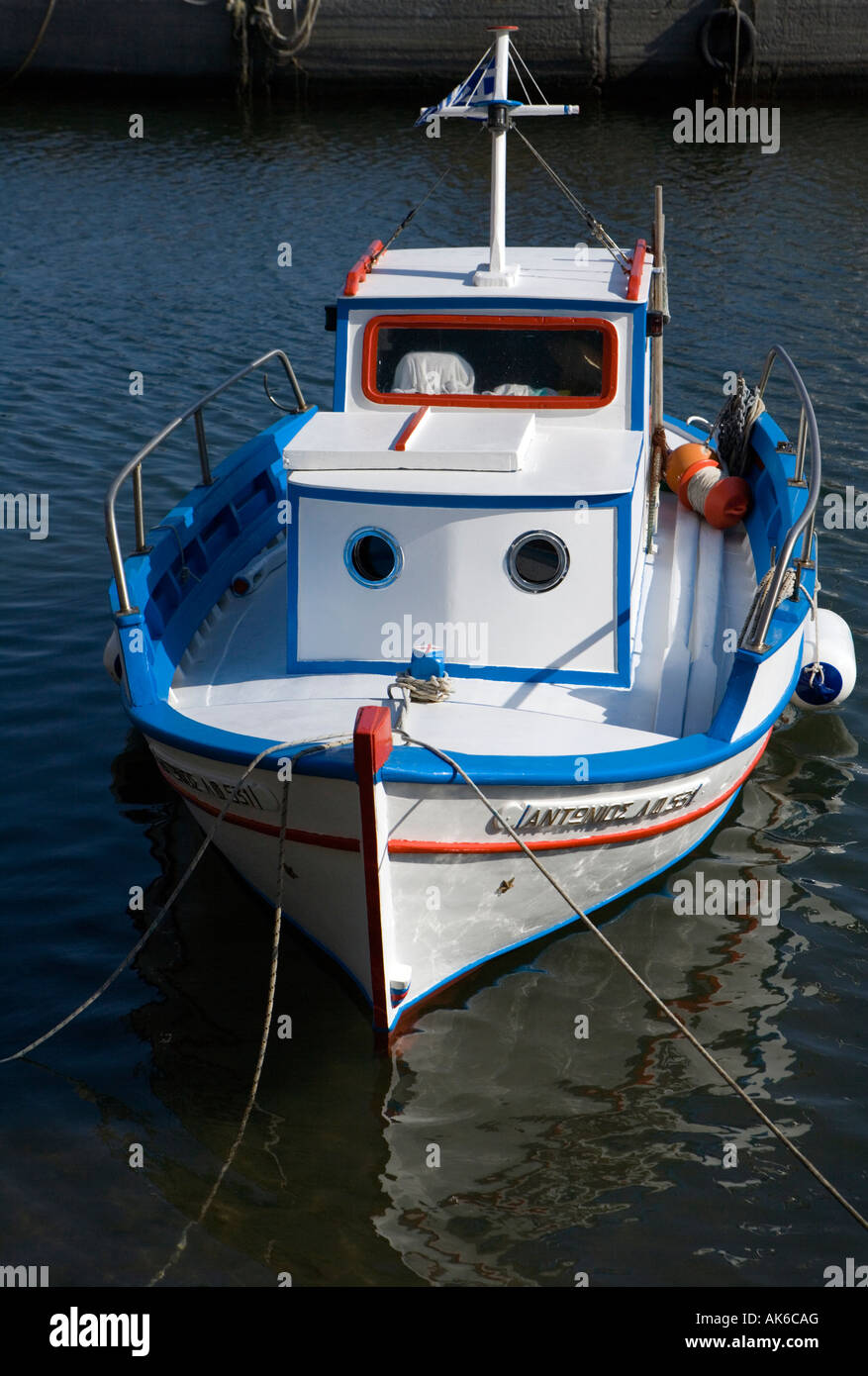 Small fishing boats Vlychada Harbour Marina Santorini Greece Stock Photo