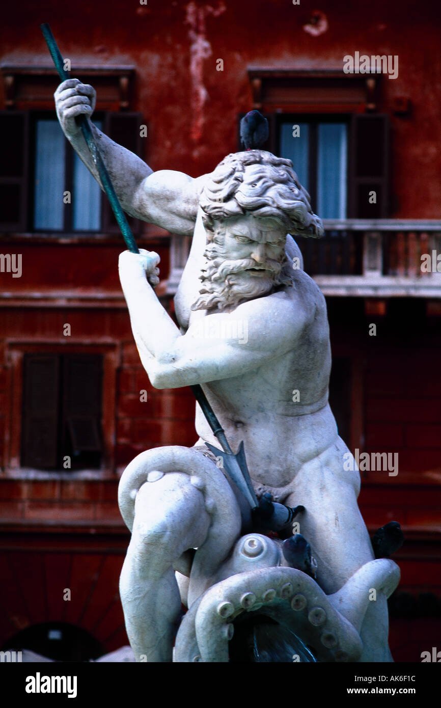 neptune fountain piazza navona rome italy Marble Statue of the Roman God Neptune Battling a Giant Octopus Stock Photo
