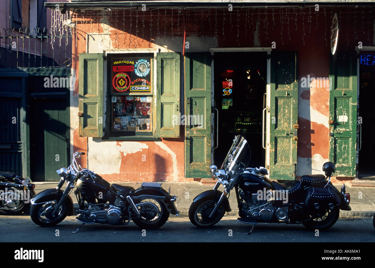 Harley Davidson motorcycles in front of a pub at French Quarter of New  Orleans Stock Photo - Alamy