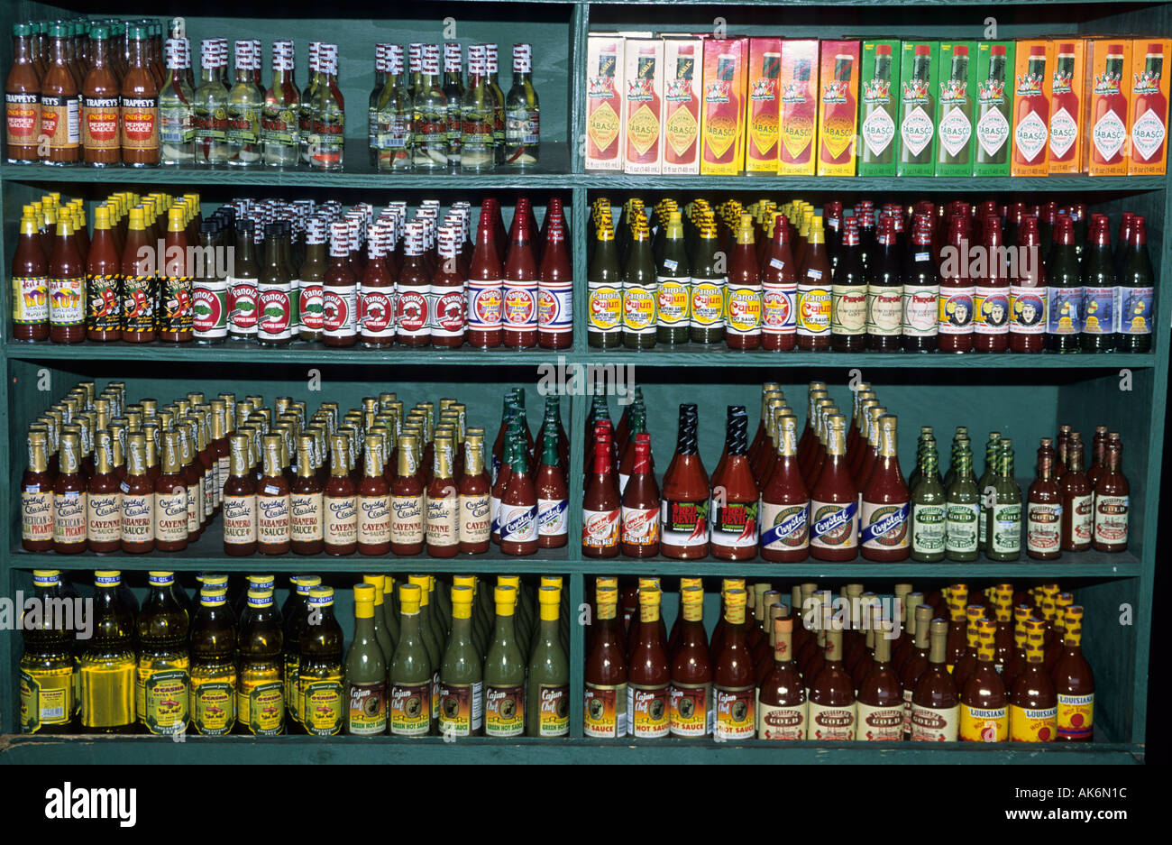 hot sauces for cajun cooking in Louisiana Stock Photo