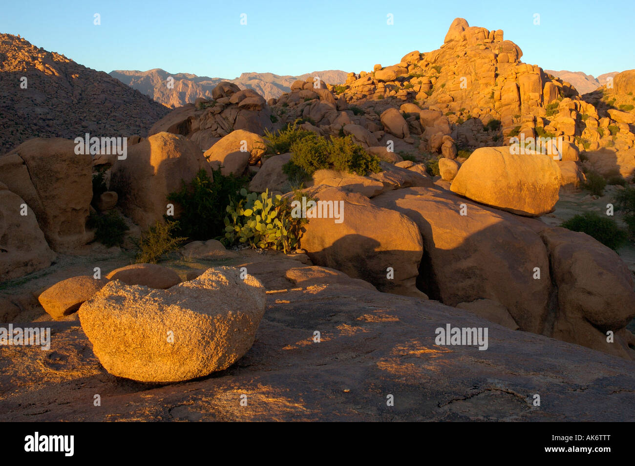 Evening light on granite outcrops above Aday near Tafraoute Morocco Stock Photo