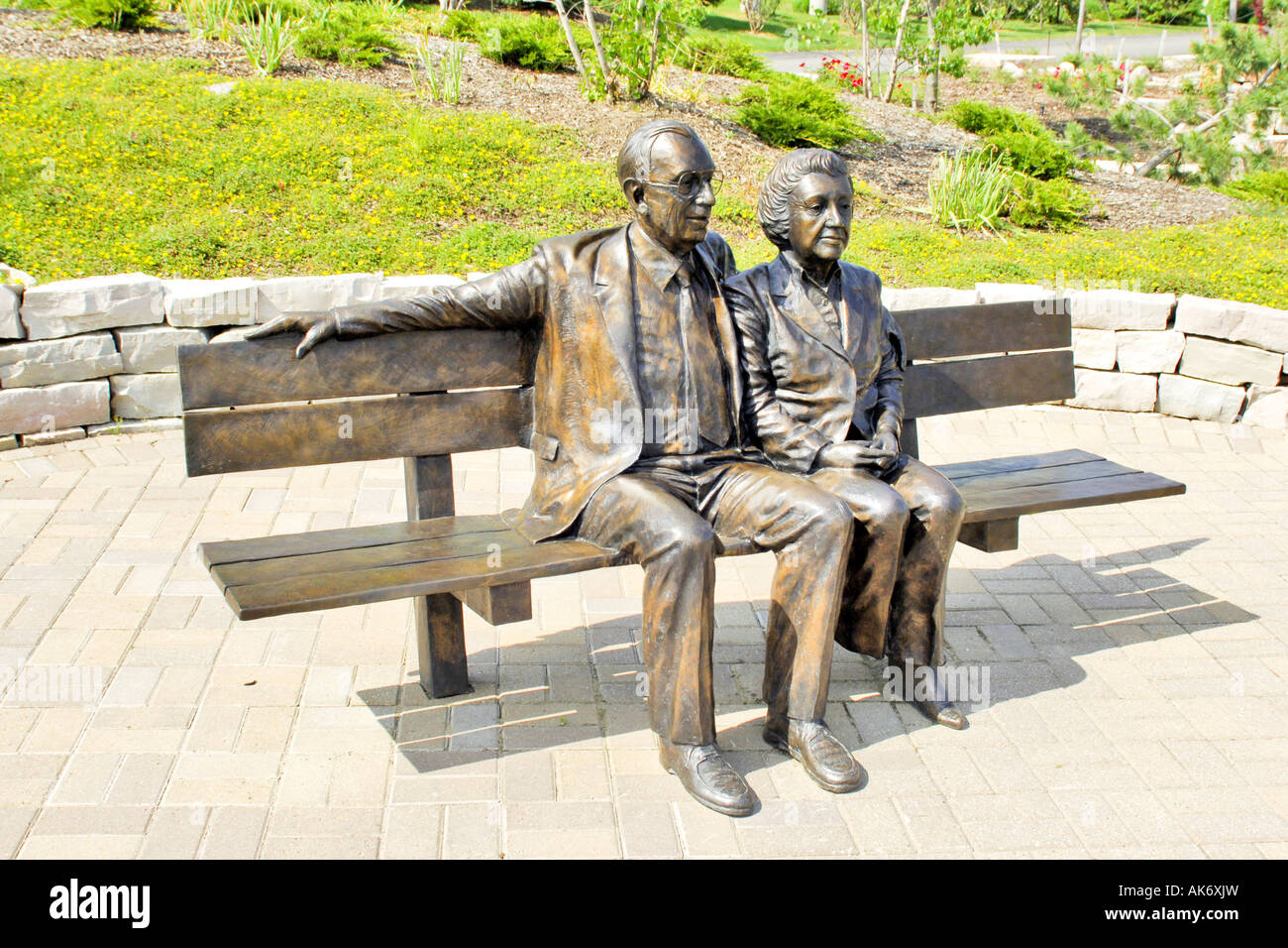 Bronze statues of Frederik and Lena Meijer at their gardens in Grand Rapids Michigan MI Stock Photo