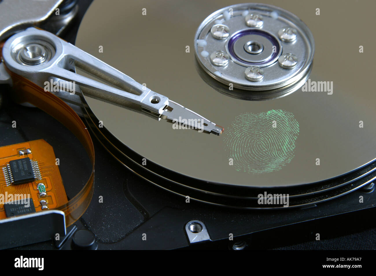 Biometrics a fingerprint on an open hard drive Stock Photo - Alamy