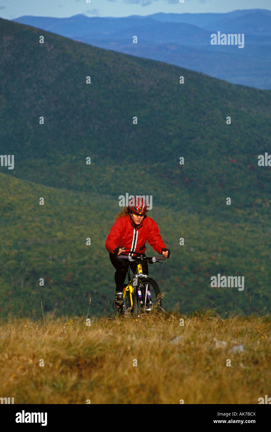 Young woman in helmet and red jacket mountain biking Maine USA Stock Photo