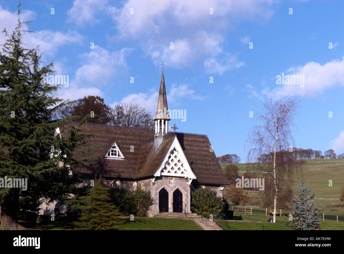 'Swiss Chalet' style schoolhouse at Ilam in Staffordshire 'Great Britain' Stock Photo