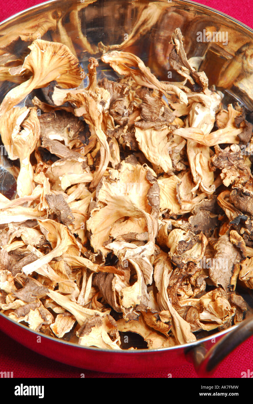 Dried Italian finferle mushrooms (Cantharellus cibarius) in a bowl. Stock Photo