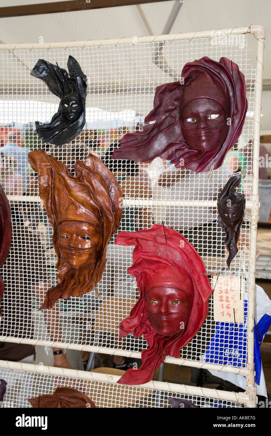 Leather masks for sale at Marina Rubicon Craft Market Playa Blanca