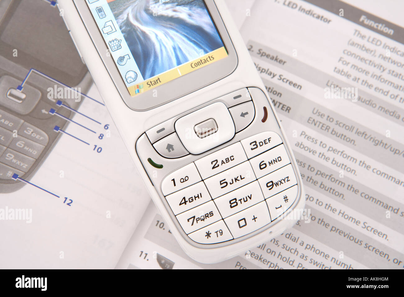 Mobile phone on top of open user manual and close up of text and symbols on the keys and keypad of a white phone Stock Photo