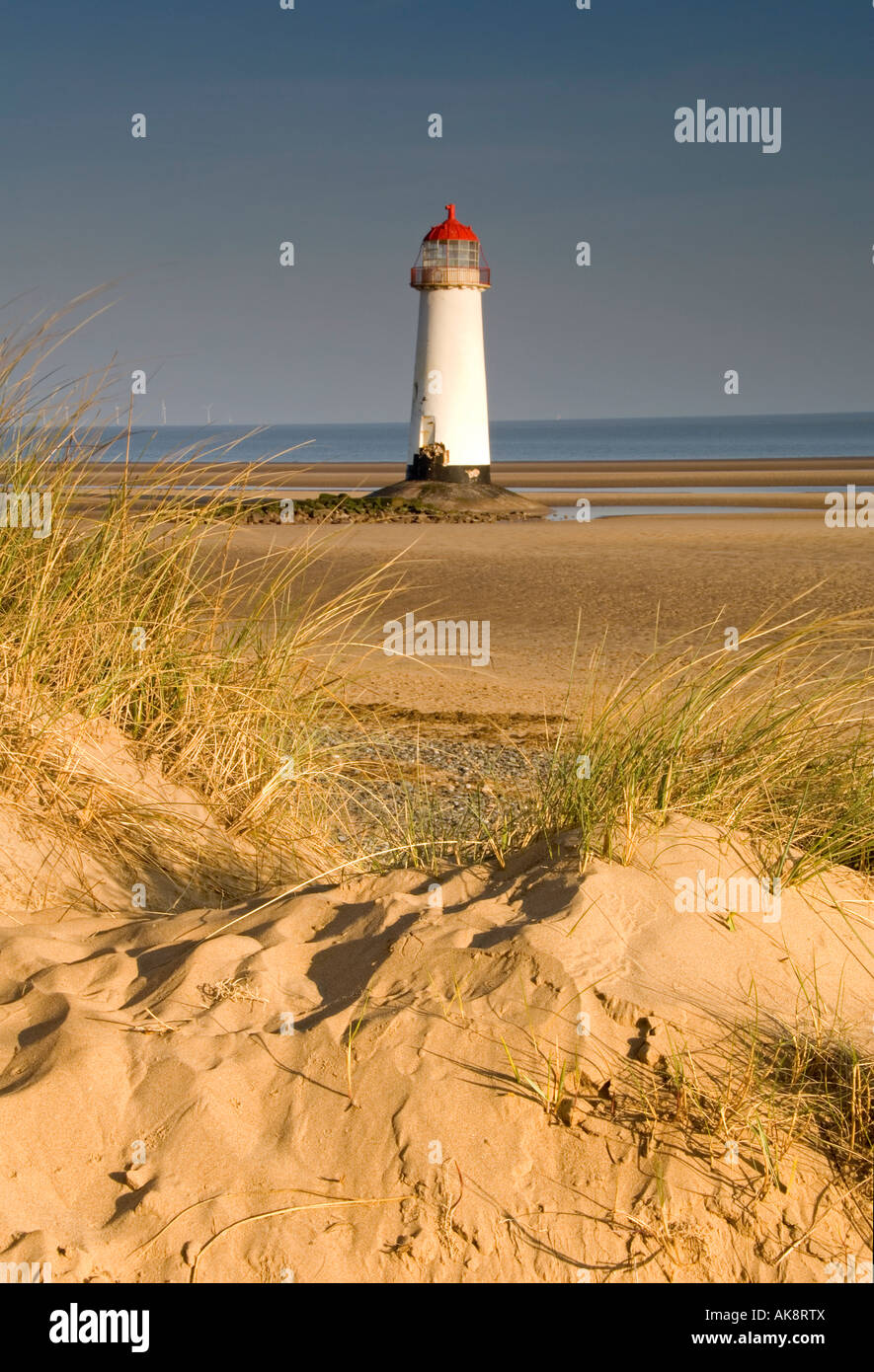 Sand Dunes and The Point of Ayr or Talacre Lighthouse, Point of Ayr, Flintshire, North Wales, UK Stock Photo