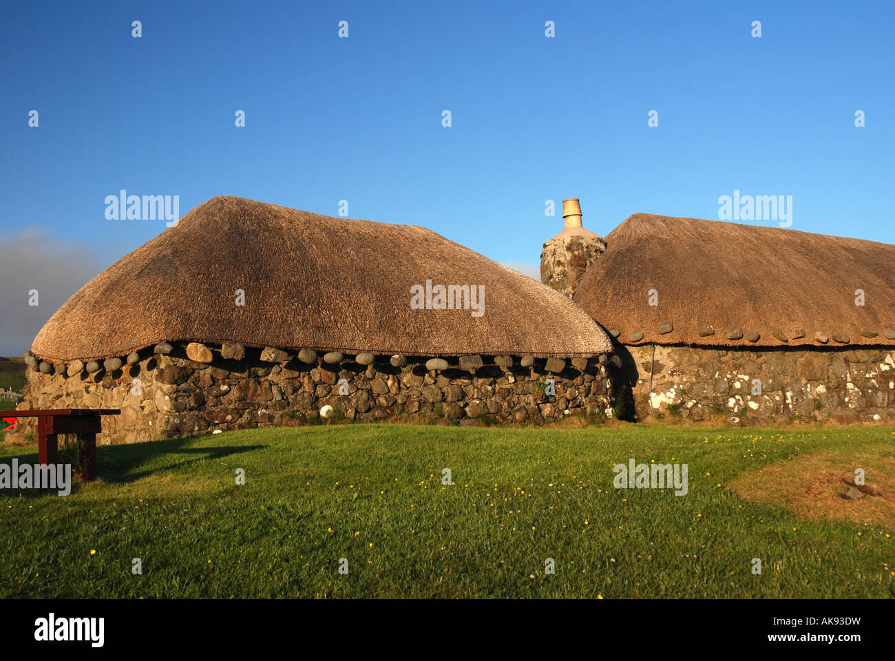 traditional scottish houses with stroh roofs Museum of Rural Life Kilmuir Island of Skye Inner Hebrides Scotland Stock Photo