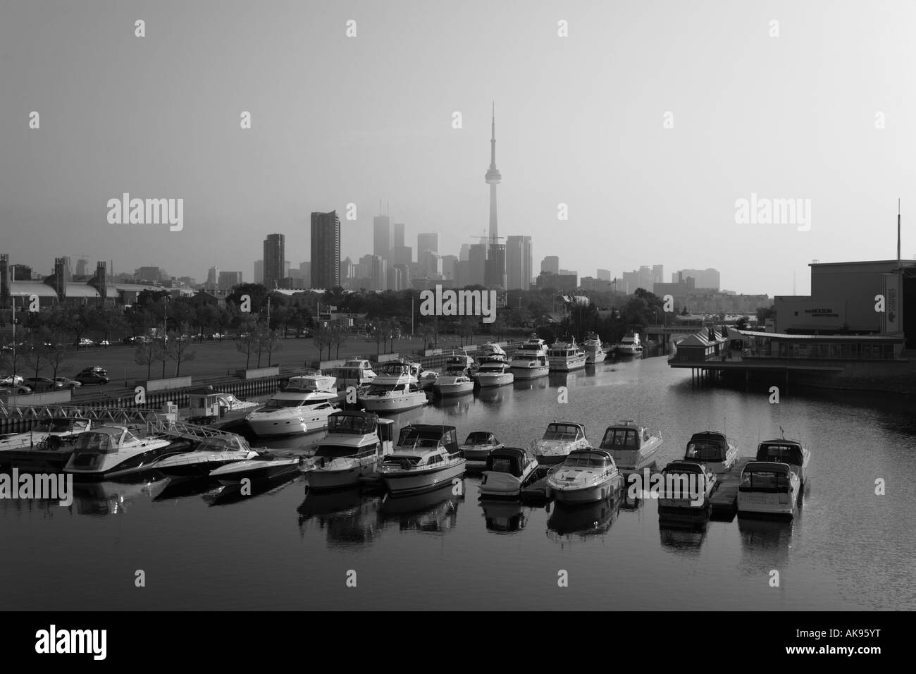 B&W shot of Sunrise over Toronto Ontario Canada North America Skyline view as seen from Ontario Place on Lake Ontario;Canada Stock Photo