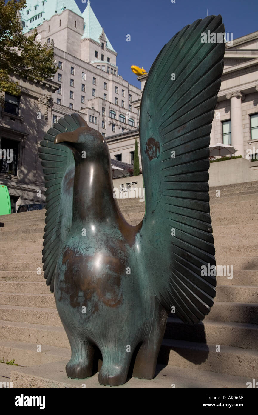 Bronze Eagle sculpture and Vancouver Art Museum at Robson Square