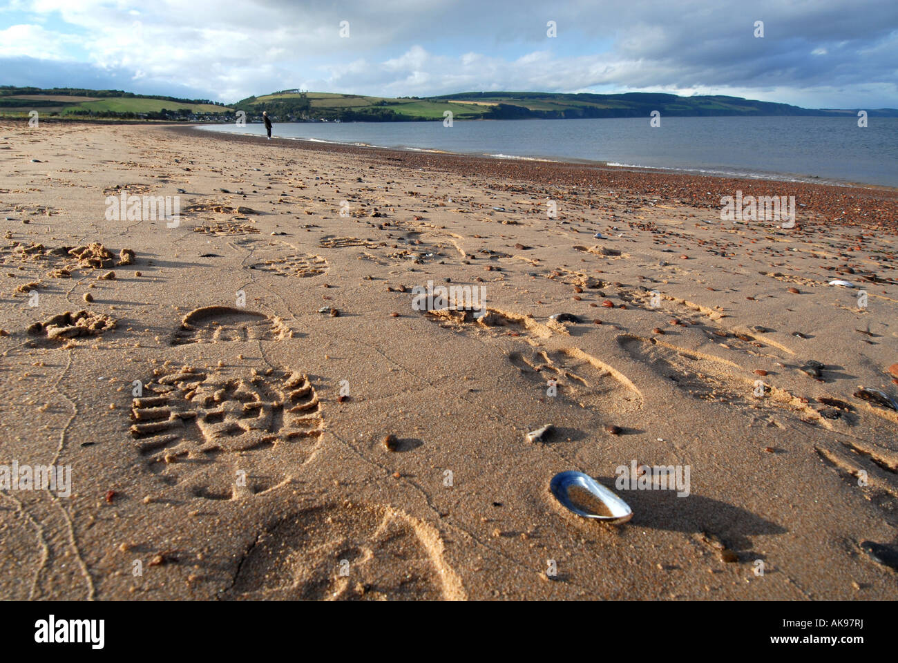 FOOTPRINTS ON ROSEMARKIE BEACH ON THE NORTH EAST SCOTTISH COAST.UK Stock Photo