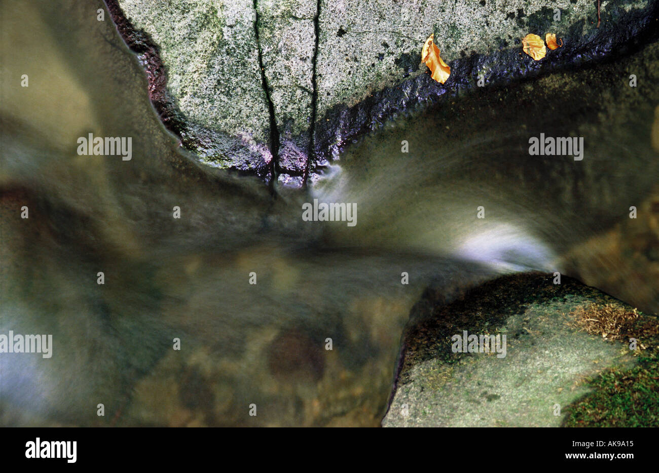 Water and light reflections, two boulders in brook stream and yellow leafs - autumn Stock Photo