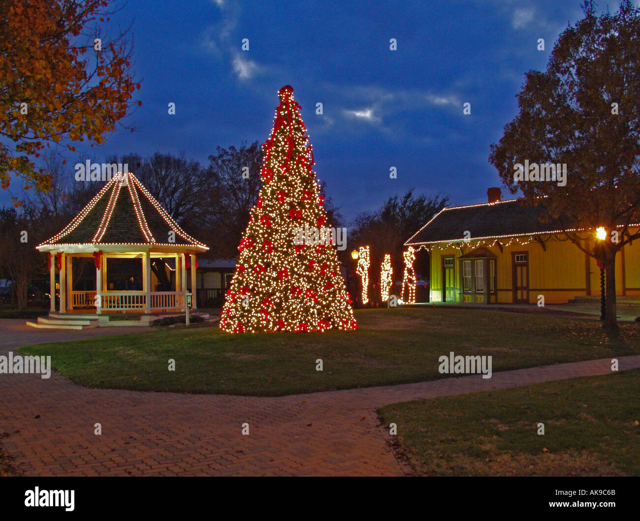 Christmas tree and lights decorate Heritage City Park in Irving Texas