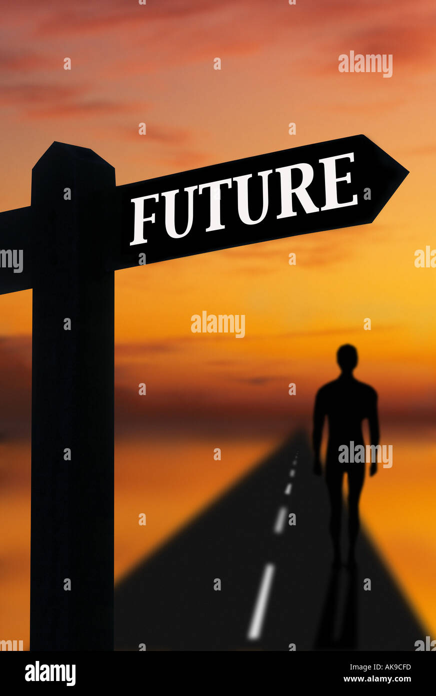 Road Signpost Pointing Toward The Future With A Person Walking Down Stock Photo Alamy