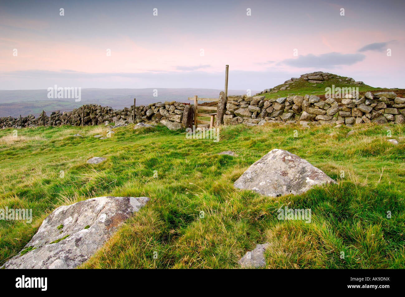 Just before dawn at Buckland Beacon on Dartmoor with a dry stone wall