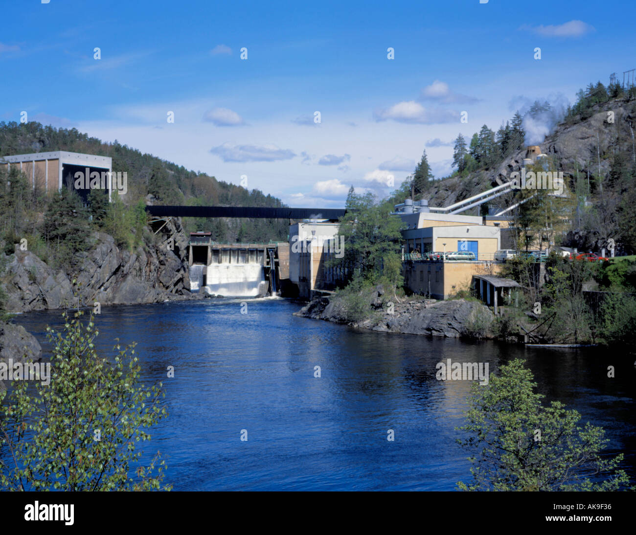 Hydroelectrically powered timber processing plant, Vadfoss, near Kragerø, Telemark, Norway. Stock Photo