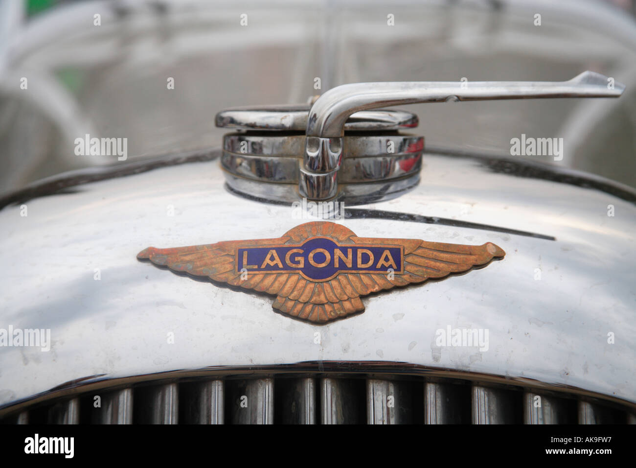 Lagonda Classics on the Common Harpenden emblem enamel wings radiator classic car British Racing chrome badge Stock Photo