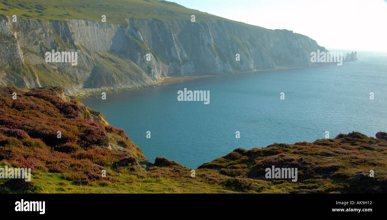 The chalky cliffs and needles from alum bay Isle of Wight England United Kingdom of Great Britain Europe Stock Photo