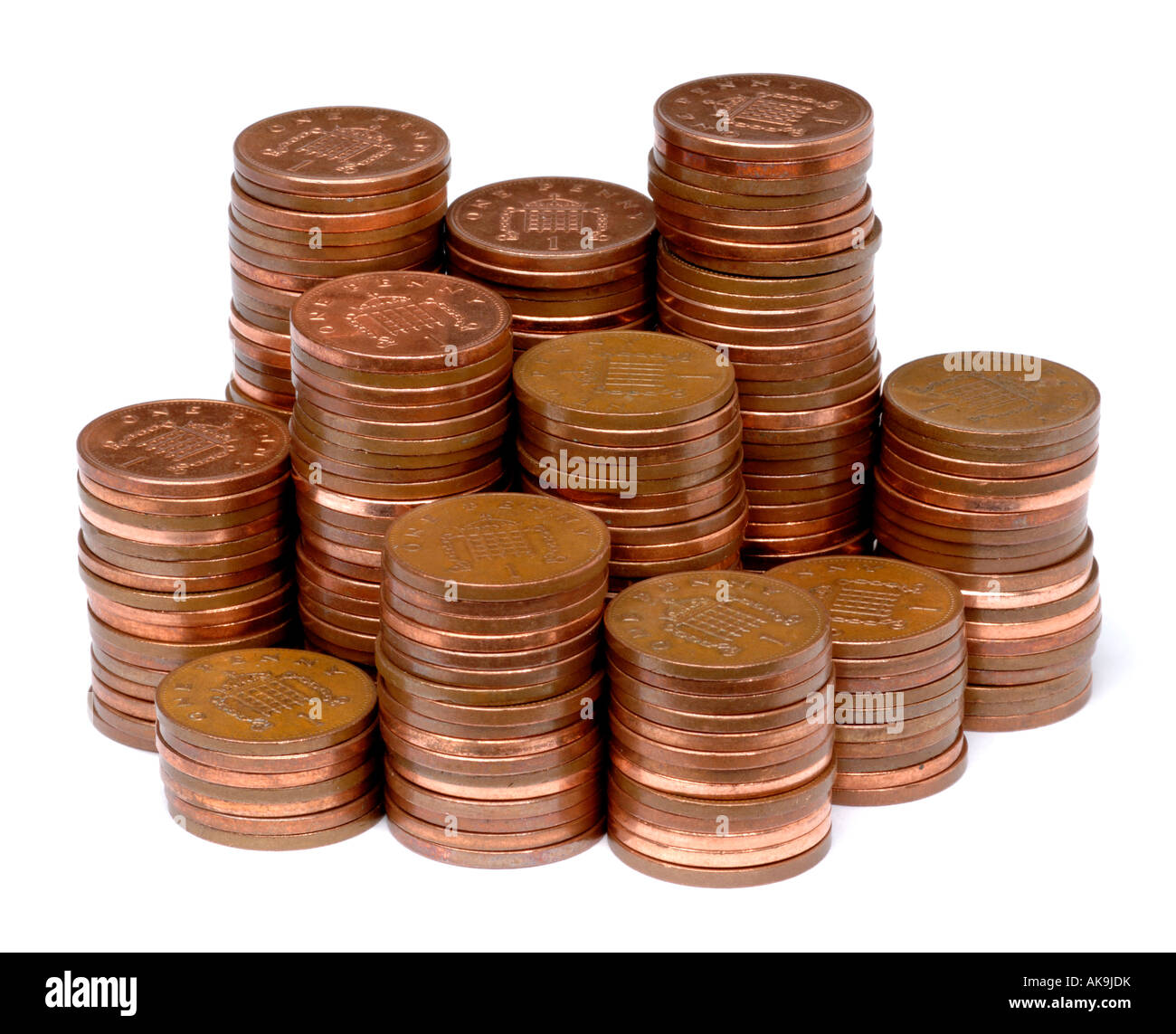 Piles of penny coins Stock Photo
