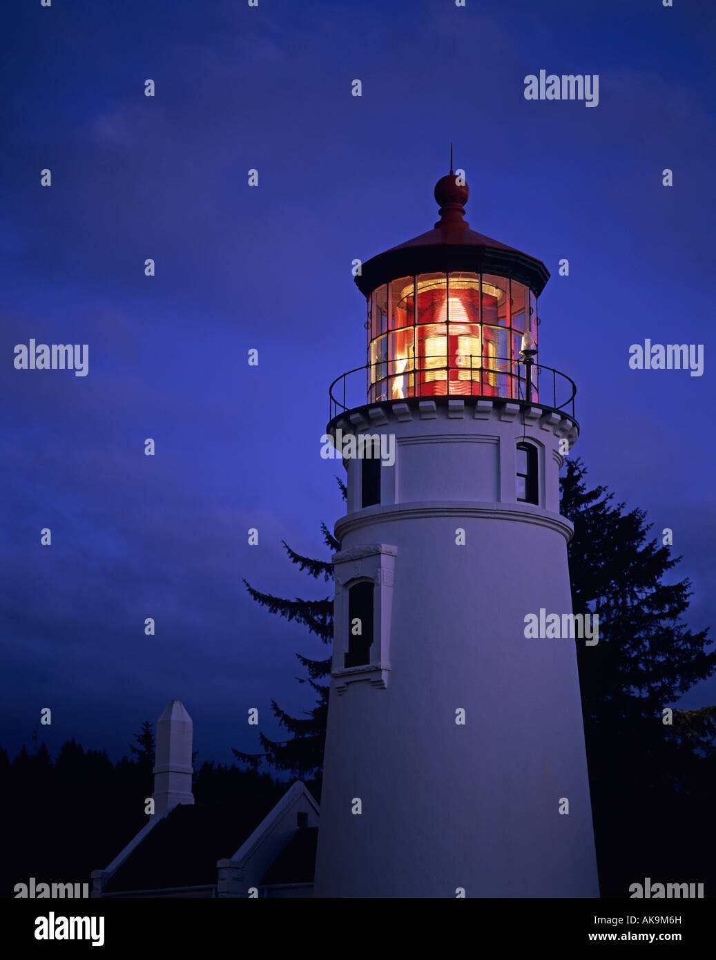 Umpqua lighthouse at dusk close up along the Oregon coast near ...