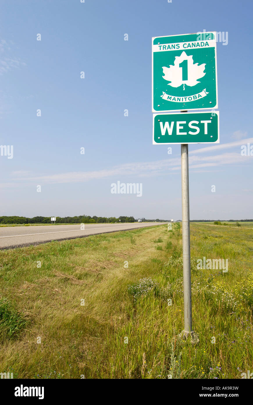 Trans Canada Highway 1 sign in Manitoba highway runs from St Johns Newfoundland to Victoria British Columbia Stock Photo