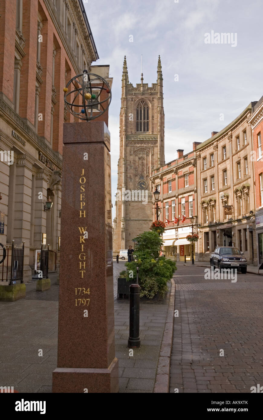 Derby Cathedral and the Orrery along Irongate in Derby Stock Photo
