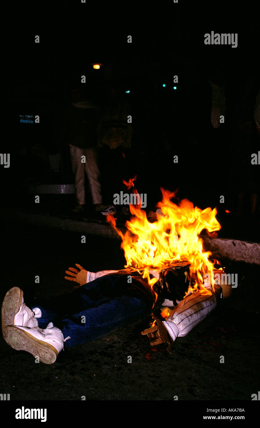 Burning the Old Year dummy. 31th December celebration. Cuenca. Ecuador Stock Photo