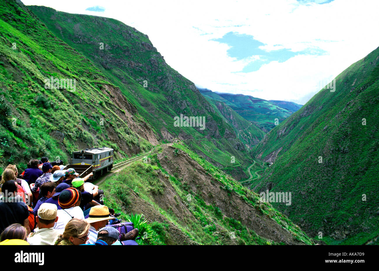 Tourists sitting on the roof. Train Riobamba-Bucay. Ecuador Stock Photo