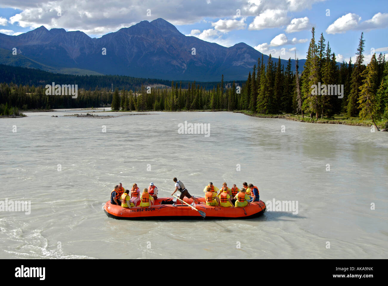 White Water Whitewater Raft Rafting Concession on Athabasca River Jasper National Park Jasper Alberta Canada Canadian Rockies Ca Stock Photo