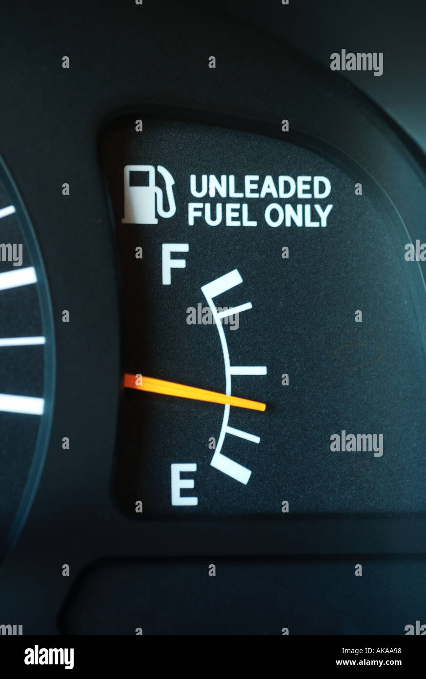 Fuel gauge on low Stock Photo
